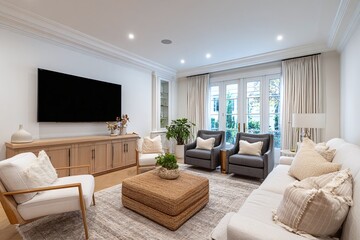 Fototapeta premium Modern living room featuring a cozy sofa, stylish armchairs, and a large TV, with natural light streaming in