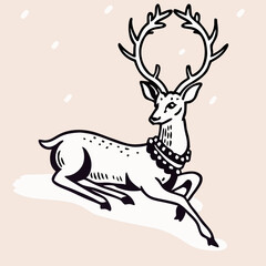 Reindeer Christmas Illustration: Line Art Deer in Snow