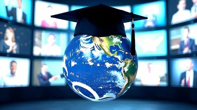 A model of the globe with an academic cap on top, spinning around its axis in zero gravity against a backdrop of multiple monitors depicting people. 