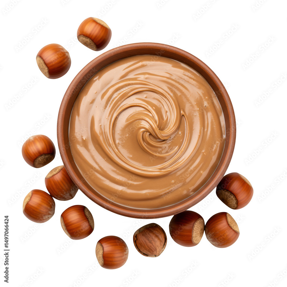 Poster hazelnut spread in bowl with hazelnuts isolated on transparent background