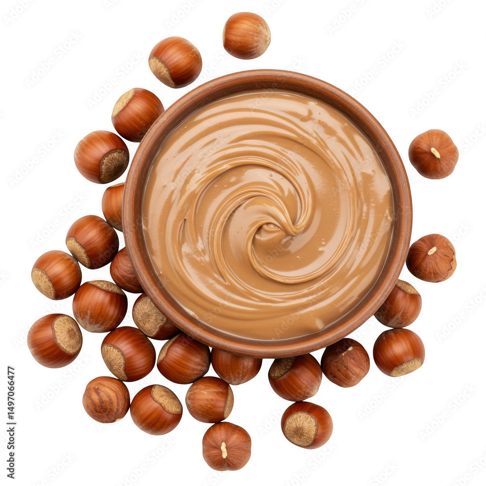 Poster hazelnut spread in bowl with hazelnuts isolated on transparent background