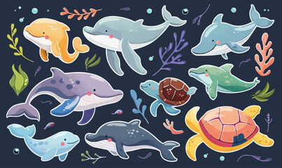 a set of funny underwater world stickers