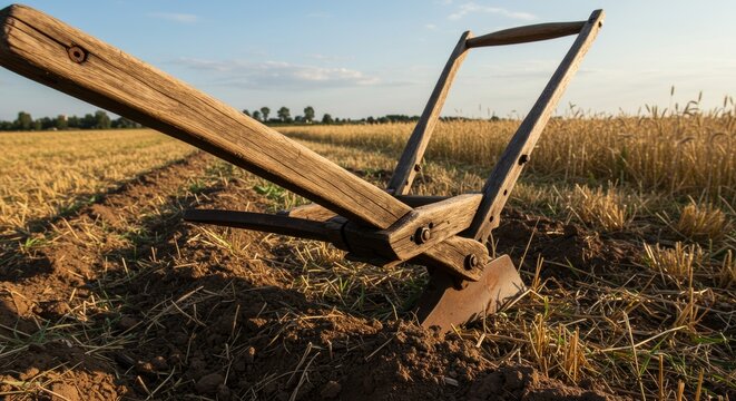 Rustic wooden plough resting in a field, ready for agricultural work