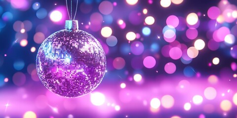 Fototapeta premium Purple Disco Ball Ornament Against Festive Lights