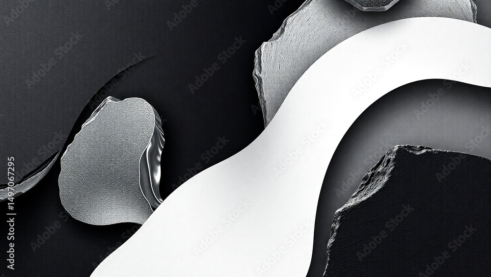 Poster abstract monochrome composition featuring textured shapes and a curved white element design created 