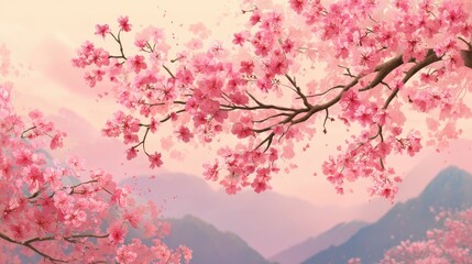 Rosa Kirschblütenzweig vor bergigem Hintergrund bei Sonnenaufgang