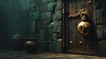 Antique Door with Old Stone Wall, Mystery, and Dungeon.