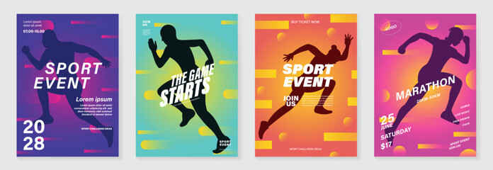 Fun run poster design background vector set. Running sport cover template with vibrant abstract gradient geometric shape and people running. Ideal design for social media, flyer, promotion, card.
