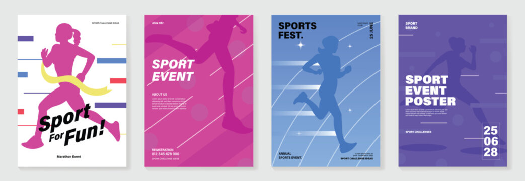 Fun run poster design background vector set. Running sport cover template with vibrant abstract gradient geometric shape and people running. Ideal design for social media, flyer, promotion, card.