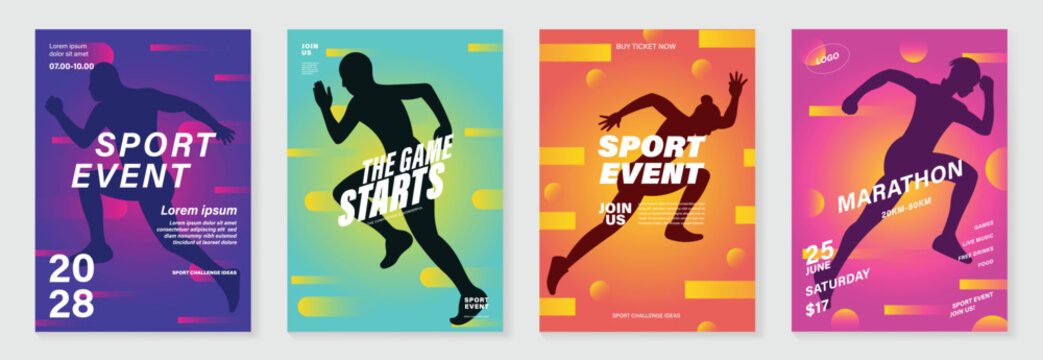 Fun run poster design background vector set. Running sport cover template with vibrant abstract gradient geometric shape and people running. Ideal design for social media, flyer, promotion, card.