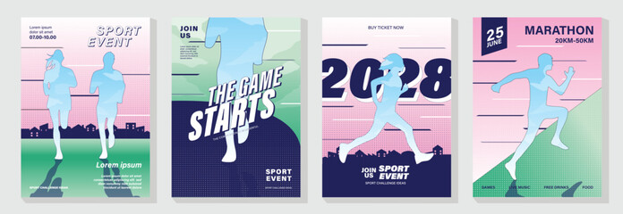 Fun run poster design background vector set. Running sport cover template with vibrant abstract gradient geometric shape and people running. Ideal design for social media, flyer, promotion, card. © TWINS DESIGN STUDIO