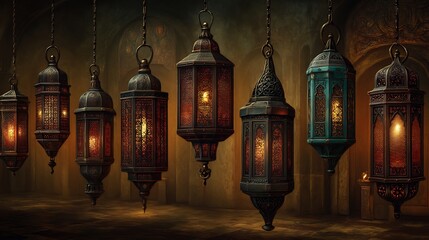 Obraz premium Arabian Lanterns with Hanging Lights, and Interior Design.