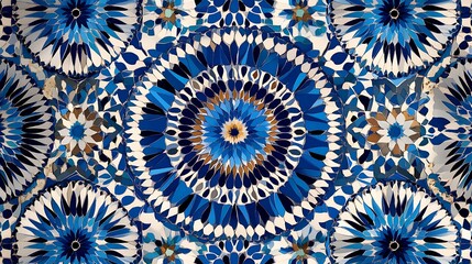 Intricate blue and gold mosaic mandala pattern.