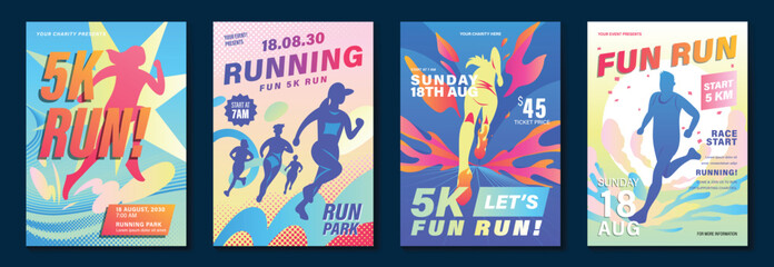 Fun run poster design background vector set. Running sport cover template with vibrant abstract gradient geometric shape and people running. Ideal design for social media, flyer, promotion, card.