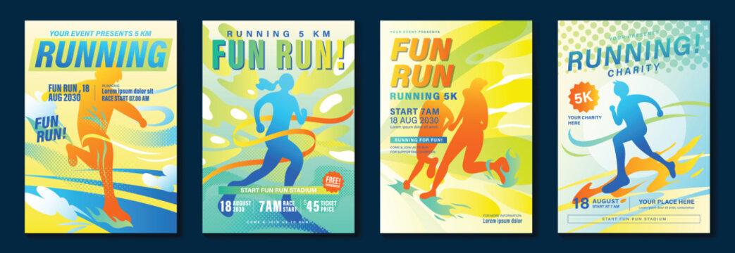 Fun run poster design background vector set. Running sport cover template with vibrant abstract gradient geometric shape and people running. Ideal design for social media, flyer, promotion, card.