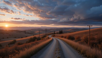 Scenic sunset over winding countryside dirt road with rolling hills and moody clouds in the sky