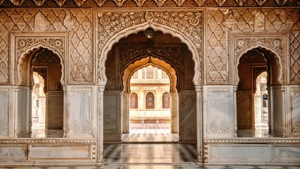 Historical Moorish Oriental Architectural Structure With Arched Entrances and Ornate Details in Sandstone