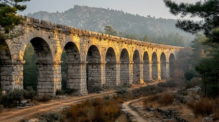 Obraz premium Ancient stone aqueduct stretching across a valley at sunrise.
