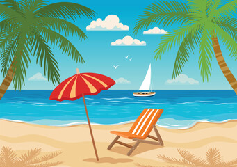 A vector illustration of a tropical beach with a red umbrella, a striped lounge chair, palm trees, a calm ocean, and a sailboat in the distance under a bright blue sky