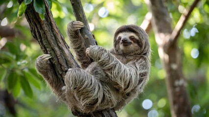 Three-Toed Sloth Hanging on Tree Branch in Lush Tropical Forest
