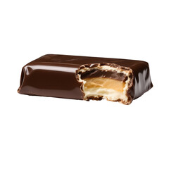 Glossy candy bar with bite mark revealing layered filling