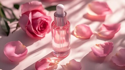 A bottle of perfume is on a table next to a rose. The bottle is pink and has a silver cap. The table is white and the rose petals are scattered around it - Powered by Adobe
