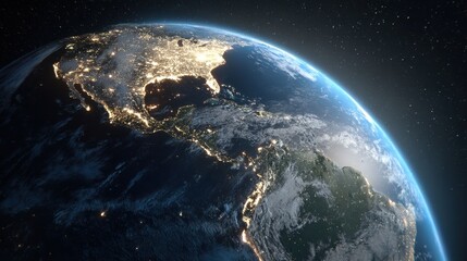 Fototapeta premium Planet earth rotating showing north and south america at night from space.