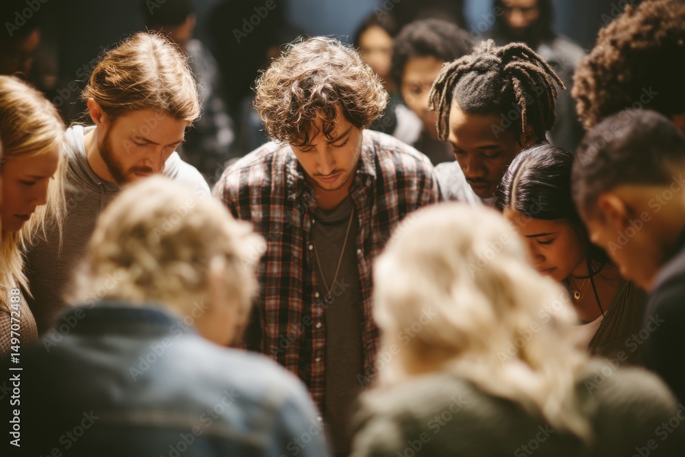 Poster diverse group of people looking down in concentrated focus, illustrating collaboration and teamwork 