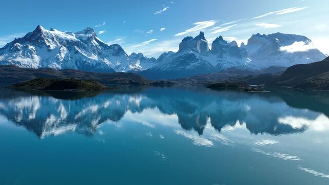 National Park In Torres Del Paine Antarctica Chile. Aerial View Of A River Surrounded By Lush Green Tropical Rainforest. South Pole Tourism Swiss Alps Frozen. South Pole Lakeshore Outdoor.