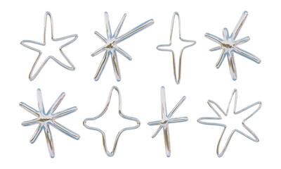 Chrome Wireframe Starburst Outline Shape. A complete collection of 8 chrome wireframe shapes featuring starbursts outlines radiant spikes and curved structures. Perfect for futuristic layout assets