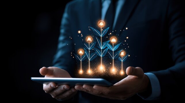 Digital Business Growth Shown As Plants On Tablet