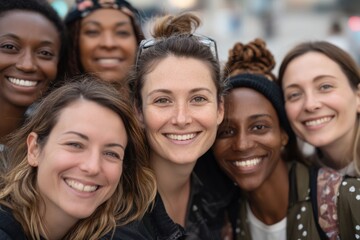 Fototapeta premium Diverse Group of Women Smiling Together Outdoors, Representing Friendship, Community, and Women's Empowerment for Social Media Marketing : Generative AI