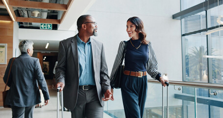Airport, colleagues and people with suitcase, travel and conversation for listing, realtor and...