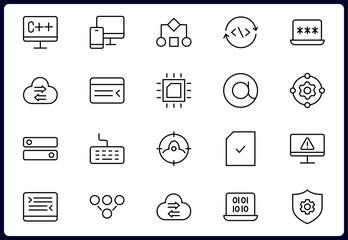 Programming and coding icon set. Contains such Icons as code, api, programmer, developer, information technology, coder and more. Vector illustration