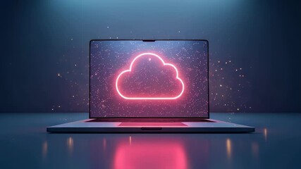 Cloud neon. Laptop screen. Digital glow. Technology theme. Modern device. Dark background. Futuristic concept. Data storage. Online service. IT industry. Marketing asset. Website header. Business pre - Powered by Adobe