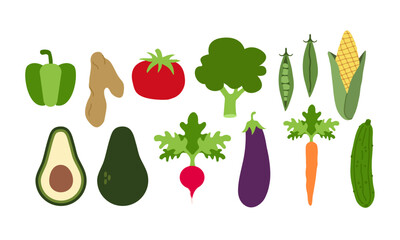 Vegetable food vektor icon set: broccoli, corn, peas, radish, eggplant, carrot, cucumber, tomato, paprika, ginger, avocado