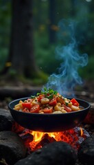 Delicious campfire-cooked meal sizzling over glowing embers, surrounded by rustic wilderness  Perfect for adventurous cooking and outdoor lifestyle imagery ,  meal,  wilderness