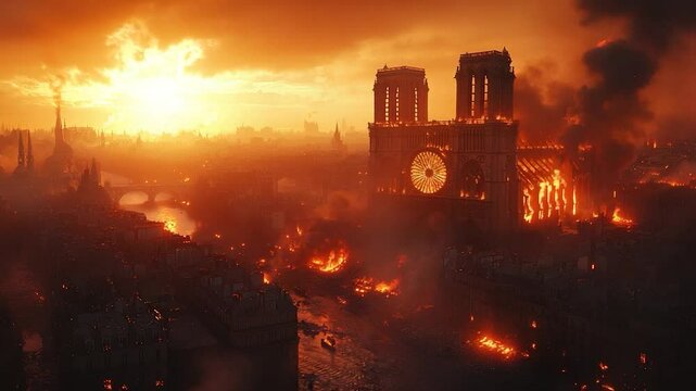 Burning cathedral dramatic aerial