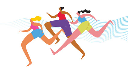 Abstract women runners figures. Vector illustration of group of women, running marathon.