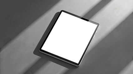 tablet with a blank white screen rests on a gray surface with diagonal light and shadow patterns. Useful for showcasing apps, websites, or digital content.