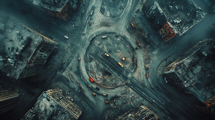 An aerial photograph of a devastated city, centered on a roundabout surrounded by debris and scattered vehicles.