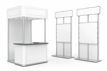 Set of three blank advertising stands isolated on white background. Detailed portrayal of trade show booth equipment, banner mockups for product presentations, front and back views of pop-up posters.