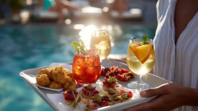 Waitress carrying tray of refreshing cocktails and appetizers by the pool
