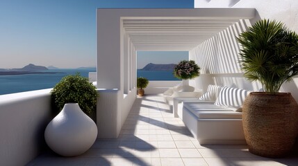 Naklejka premium Shaded Santorini-style terrace with modern lines, minimalist decor, crisp shadows, sea horizon kissed by islands and light.