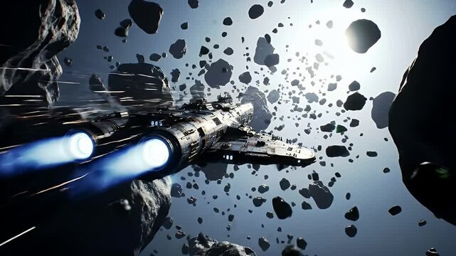 Large spaceship caught in a dense asteroid field