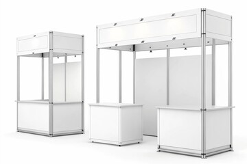 Set of three blank advertising stands isolated on white background. Detailed portrayal of trade show booth equipment, banner mockups for product presentations, front and back views of pop-up posters.