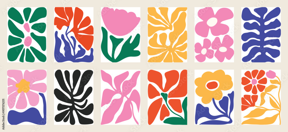 Aufkleber botanical doodle background art vector set. flower and leaves abstract shape doodle art design for p
