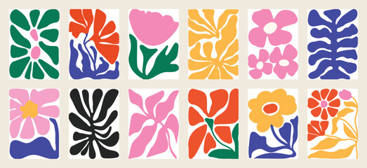 Plakat Botanical doodle background art vector set. Flower and leaves abstract shape doodle art design for print, wallpaper, clipart, wall art for home decoration.