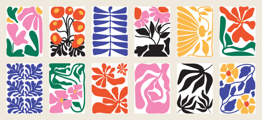 Botanical doodle background art vector set. Flower and leaves abstract shape doodle art design for print, wallpaper, clipart, wall art for home decoration.