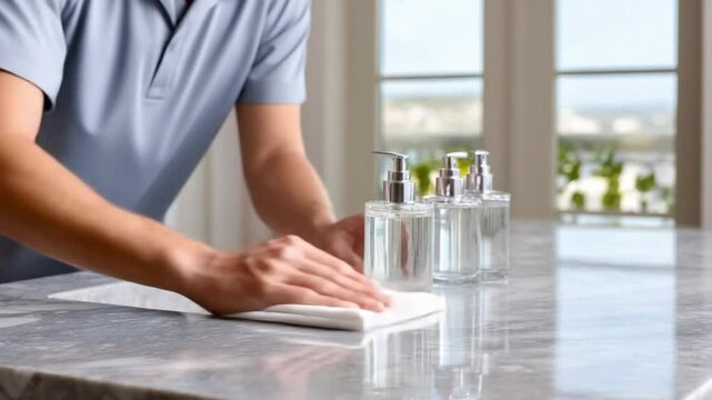 Cleaning staff sanitizing marble countertop with disinfectant